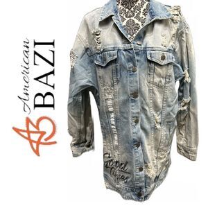 American Bazi‎ Distressed Long Denim Customized Jacket - Size M